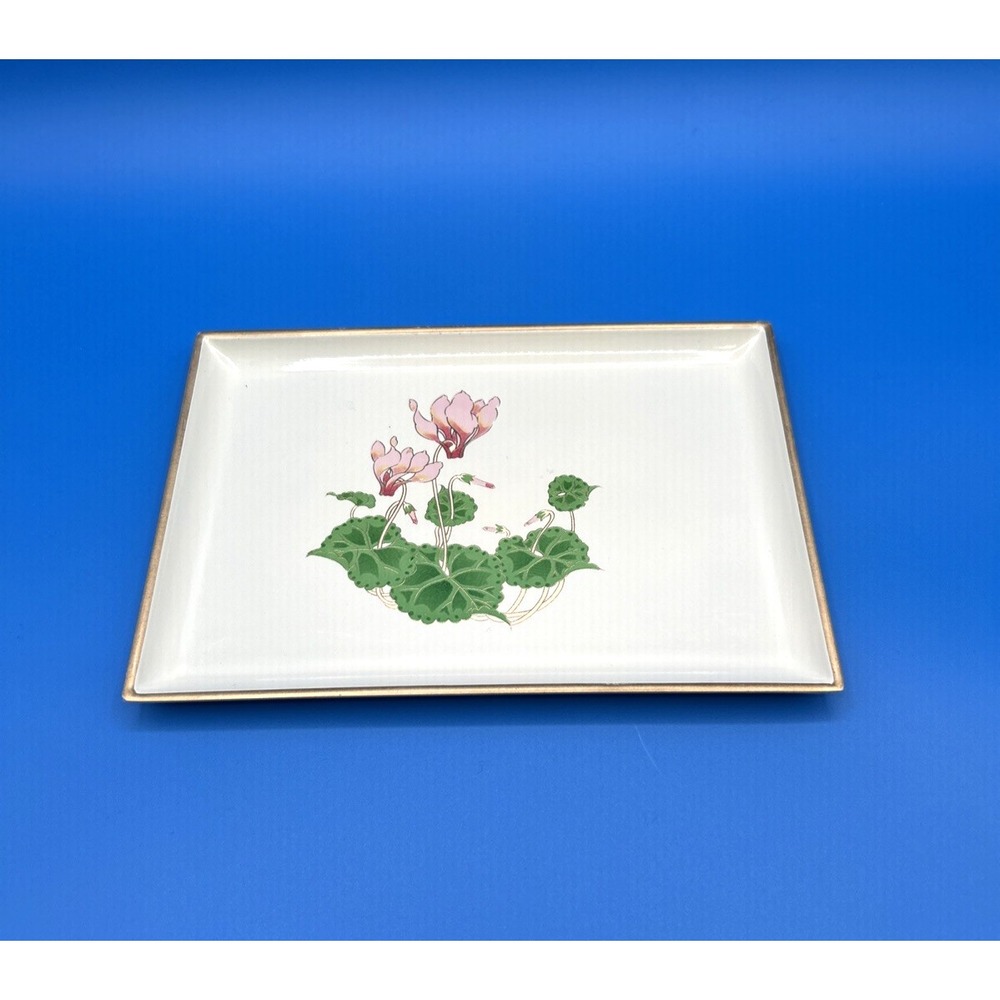 Otagiri Lacquerware Tray Vtg Cyclamen Pink Flower Small White Rectangular 6x8